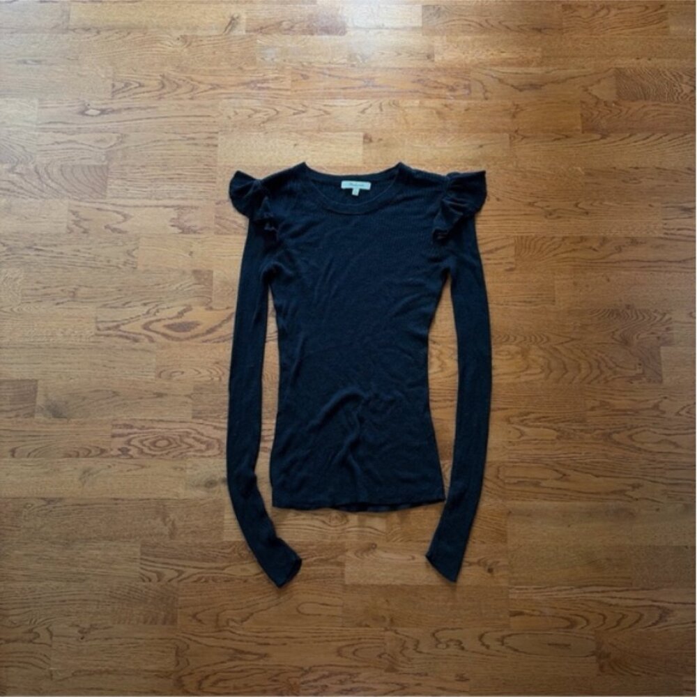 Madewell Ruffle Shoulder Sweater Women Knit Fine Ribbed Black Long Sleeve XXS